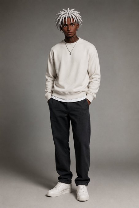 A young man with gray dreadlocks wearing a cream sweater, dark trousers, and white sneakers stands confidently with hands in his pockets. The image pairs with the post as a casual, ready-to-go style portrait—reflecting the laid-back "gm" greeting and signaling a fresh return to the day after an all-nighter.
