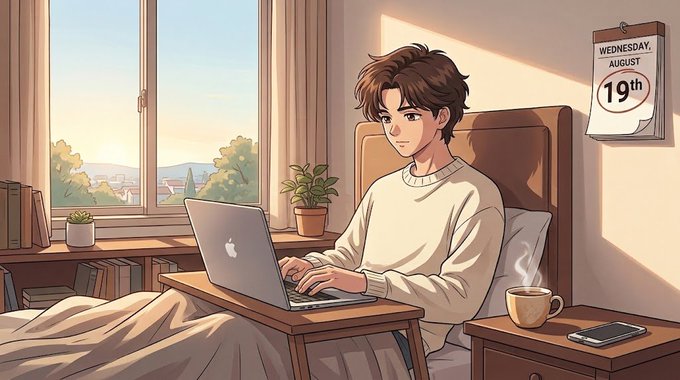 A cozy anime-style illustration shows a young man working on his Apple laptop in bed, bathed in warm morning sunlight, with a calendar on the wall reading "WEDNESDAY, AUGUST 19th" and a steaming cup of coffee nearby—perfectly capturing the relaxed "gm, happy wednesday" vibe.