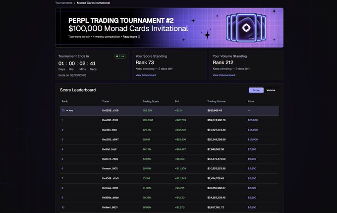 The image shows a leaderboard for the Perpl Trading Tournament #2 with a $100,000 Monad Cards Invitational prize pool, displaying a scoreboard where the user "owl888_r00j" is ranked 73rd with 102.55K trading score and $685,666.45 in trading volume, while the tournament ends in 1 day, 2 hours, 41 minutes. The post's urgency about "24 hours to go" is reflected in the countdown timer, suggesting the user needs to act quickly to improve their current ranking before the tournament concludes.