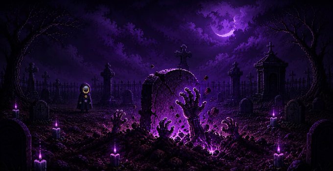 A pixel-art graveyard scene bathed in purple moonlight features a small cloaked figure standing before a glowing tombstone, with skeletal hands emerging from the soil and lit candles scattered across the graves—evoking the resurrection theme of bringing "mooncers" back to life with the $MANCER token.