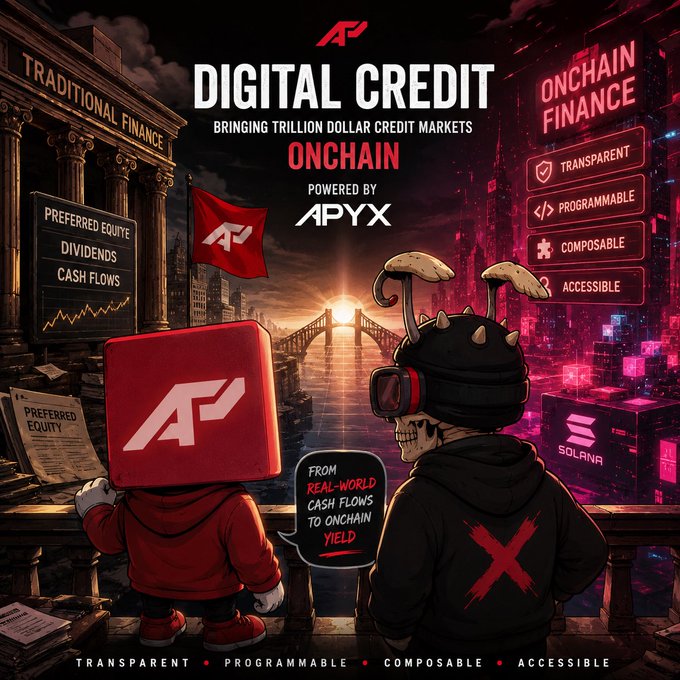 A promotional graphic for 'APYDX DIGITAL CREDIT' powered by Apyx, bringing trillion-dollar credit markets onchain, featuring two cartoon characters (one in red with the APYX logo, another in black) against a backdrop of traditional finance on one side and onchain finance on the other, highlighting features like Transparent, Programmable, Composable, and Accessible on Solana.