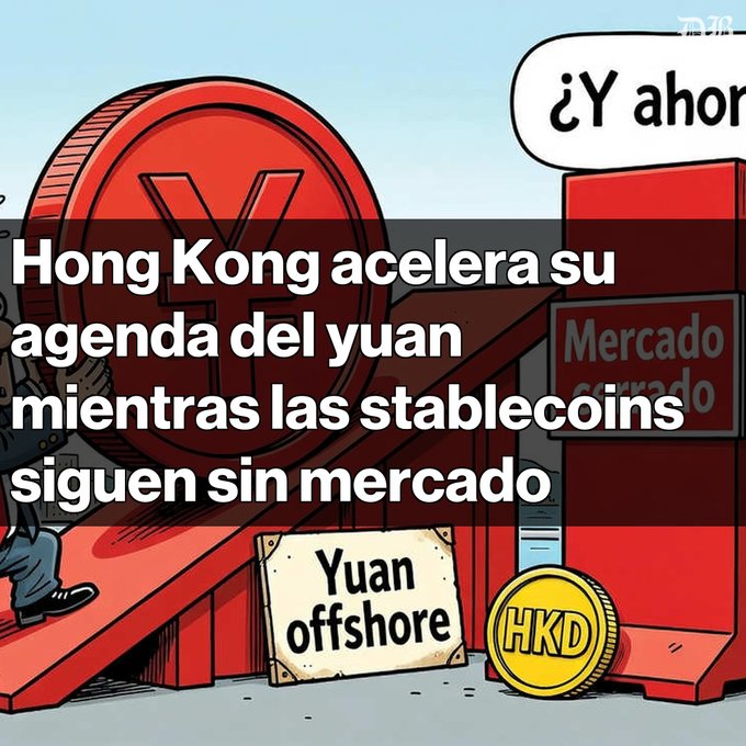 An illustrated graphic shows a large yuan coin and red stairs with the Spanish text 'Hong Kong acelera su agenda del yuan mientras las stablecoins siguen sin mercado' alongside signs reading 'Yuan offshore' and 'HKD'.