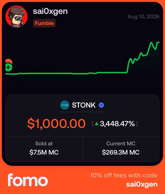 A social media post by user 'sai0xgen' shows a profit celebration for the 'stonk' STONK token, displaying $1,000.00 gained with a 3,448.47% increase, using the code 'sai0xgen' for 10% off fees.