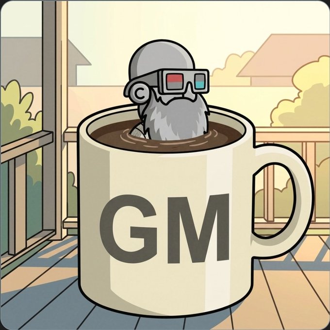 A cartoon illustration shows a small gray creature with a beard and 3D glasses peeking out of a coffee mug labeled 'GM' on a wooden porch.