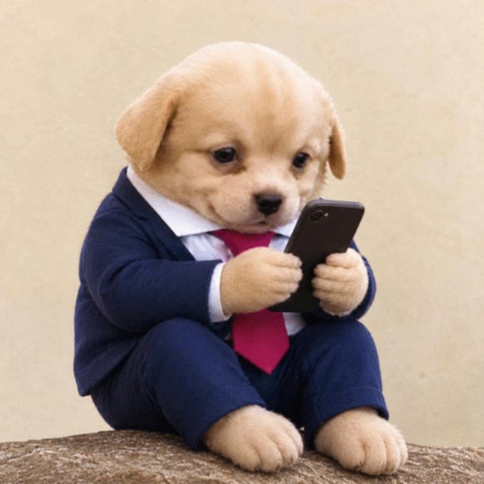 An adorable golden puppy dressed in a navy blue suit with a white shirt and pink tie, sitting on a rock and looking at a smartphone.