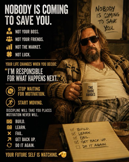 A motivational poster featuring The Dude from The Big Lebowski sitting in a chair holding a mug, with text declaring 'NOBODY IS COMING TO SAVE YOU' and a checklist reading 'BUILD. LEARN. FAIL. GET BACK UP. DO IT AGAIN.'