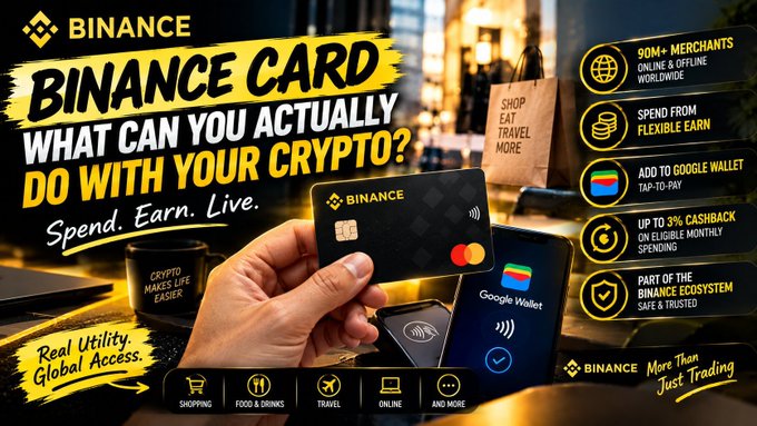 A Binance Card promotional advertisement displaying a black Mastercard being tapped on a Google Wallet phone, with text reading 'BINANCE CARD - WHAT CAN YOU ACTUALLY DO WITH YOUR CRYPTO? Spend. Earn. Live.' and listing features like '90M+ MERCHANTS', 'UP TO 3% CASHBACK', and usage categories like shopping and travel.