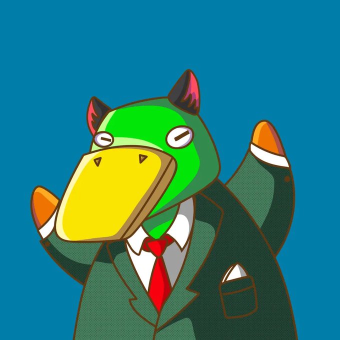 A cartoon-style illustration of a green duck or bird character wearing a green business suit with a red tie, white shirt, and pocket square, posing with raised arms against a solid blue background.