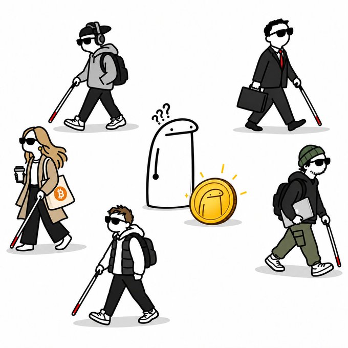 An illustration showing several people wearing sunglasses and using white canes walking around a confused ghost-like figure standing next to a glowing gold coin with a face.