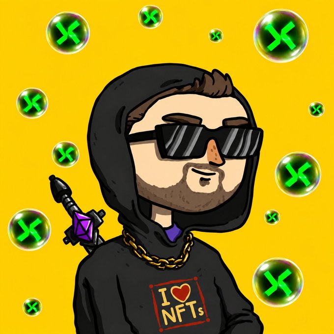 A cartoon illustration of a man wearing sunglasses, a hoodie with 'I ❤️ NFTs', and a gold chain, with a sword on his back, surrounded by floating bubbles containing green 'X' symbols.