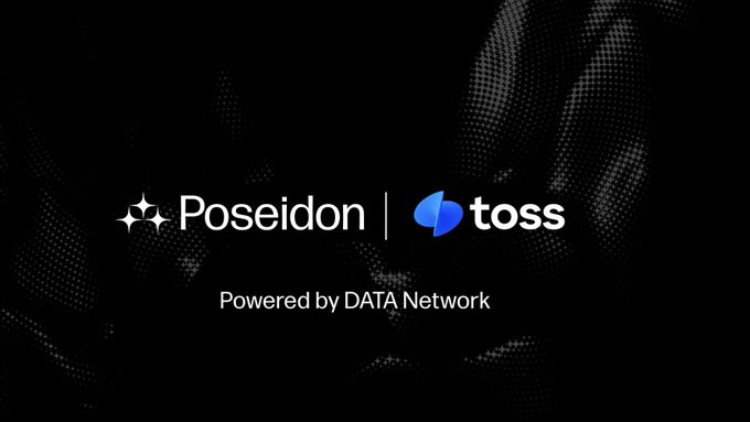 The image displays the logos of "Poseidon" and "toss" with the tagline "Powered by DATA Network," set against a dark background with a subtle dotted texture. This visual ties into the post's theme of a shifting AI ecosystem focused on data ownership, as it highlights a partnership (Poseidon and Toss) operating within the DATA Network—an infrastructure project emphasizing verified human-generated data over model development.