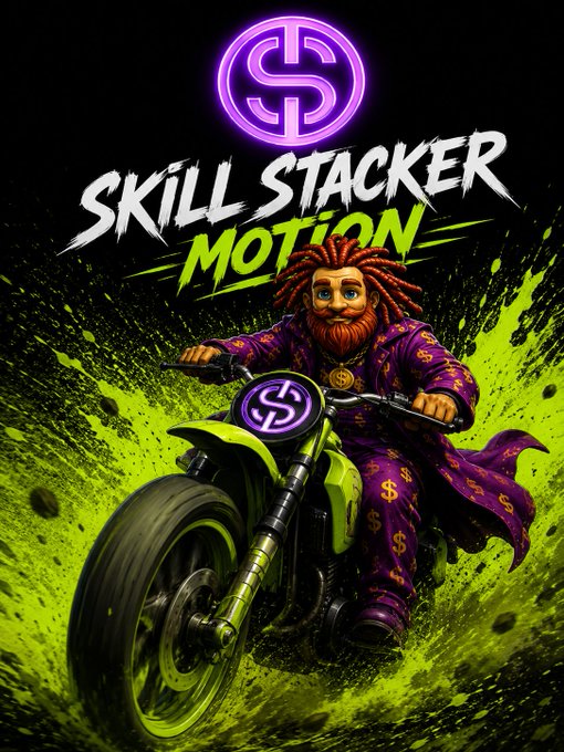 A 'Skill Stacker Motion' graphic showing a character with red dreadlocks and a beard riding a green motorcycle splattered with green paint, wearing a purple robe adorned with dollar signs.