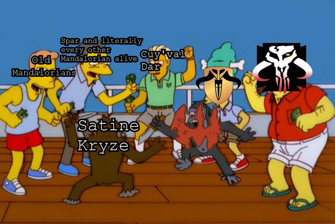 A humorous 'Simpsons'-style cartoon illustration showing several characters including Satine Kryze, Old Mandalorians, Spar, and Cuy val Dar fighting a red creature, with one character depicted as a menacing Mythosaur skull.