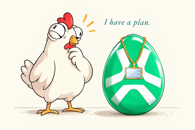 A cartoon chicken looks suspiciously at a large green egg wearing an XRP necklace, with the chicken saying "I have a plan." This references the meme about holders planning to make profit, as the poster mints "Abstract Chickens" NFT by @0xQuit at 0.01 ETH minting price alongside XRP (Ripple).