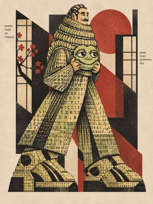 A retro-style illustration of a figure in an elaborate textured coat holding a green character labeled 'udas', with the text 'poems type repeat...' and 'same toad different day..' framing the composition.