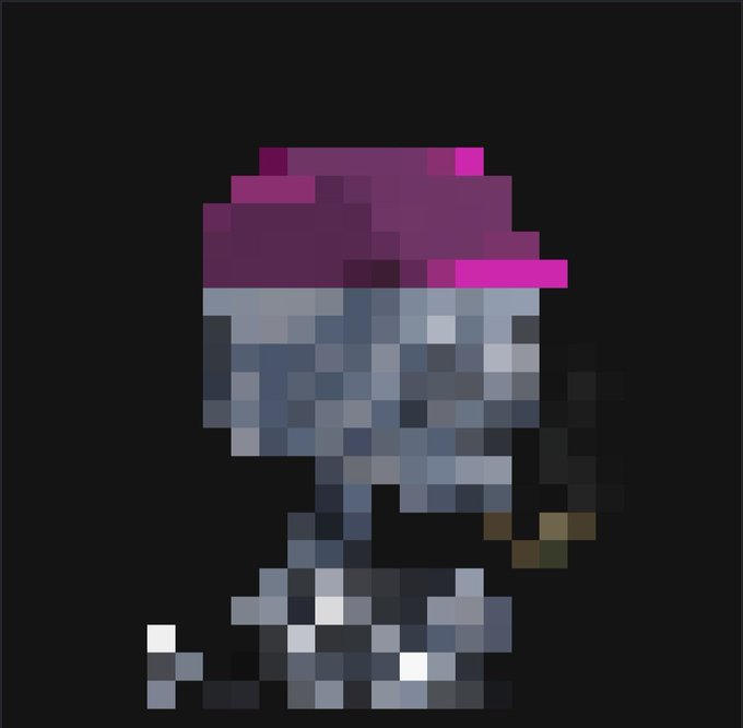 A pixel art image of a character with a purple hat, gray body, and curved tail, possibly from a retro video game. The accompanying post appears to be a brief, fragmented message about grabbing a secondary item while away in the Yorkshire Dales, thanking someone named "@lphaCentauriKid," but no text or names are visible within the image itself.