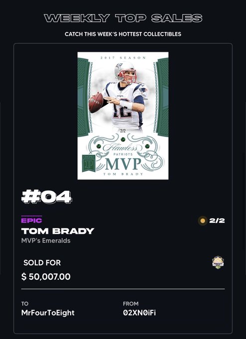 The image showcases a digital collectible marketplace listing featuring a "Flawless MVP's Emeralds" Tom Brady 2017 Season card, ranked #04 in Weekly Top Sales, which sold for $50,007.00 (28.78 ETH) from seller 02XN0iFi to buyer MrFourToEight, aligning with the post celebrating the high-value NFT transaction of the "goat" Tom Brady collectible.