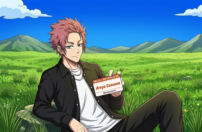 An anime-style illustration of a pink-haired character sitting in a grassy field with mountains in the background, holding a nametag that reads "HELLO, I AM DARK-INSPIRED — Arsyo Cassano" along with a mysterious tag.