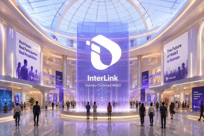 A futuristic mall atrium displaying a large holographic InterLink logo with the tagline 'Human-Centered Web3', surrounded by banners reading 'Real People Real Participation Real Possibilities' and 'The Future of Web3 is Human'.