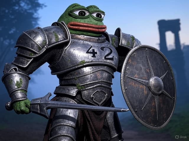 A Pepe the Frog character dressed as a knight in full metallic armor with the number '42' on the chest, holding a sword and shield, with a 'Grok' watermark in the corner.