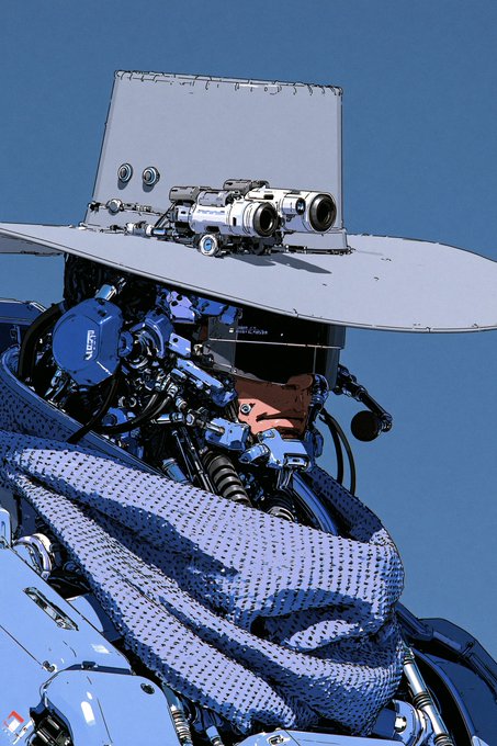 A stylized, cel-shaded illustration of a futuristic robot or cyborg with binocular-style optical sensors, a wide-brimmed hat, and a blue patterned scarf, set against a clear blue sky.