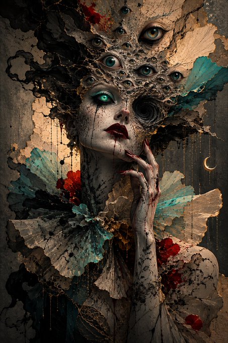 A surreal portrait of a pale-skinned woman with red lips, surrounded by multiple eyes emerging from cracked, peeling textures with teal and rust accents.