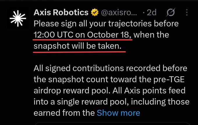 A Twitter post from Axis Robotics (@axisro...) announcing that users should sign all trajectories before 12:00 UTC on October 18 for a snapshot, with signed contributions counting toward a pre-TGE airdrop reward pool.