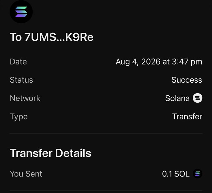 The image shows a successful Solana blockchain transfer confirmation, where 0.1 SOL was sent to the wallet address "7UMS...K9Re" on August 4, 2026 at 3:47 pm. This appears to be supporting evidence for the post claiming to have sent some SOL, likely as part of a giveaway promotion requiring retweets.