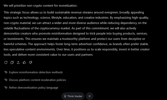 A platform policy statement explaining prioritization of non-crypto content for monetization, focusing on technology, science, lifestyle, and education while actively demonetizing creators promoting misinformation.