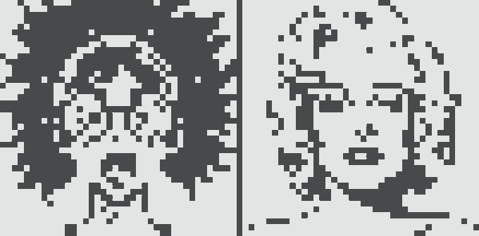 Two pixelated portrait images displayed side by side, showing a dark, high-contrast stylized face on the left and a lighter, sketch-like portrait on the right, representing a customized Normie #5085 NFT with 732 pixels altered by the collector serc.eth.