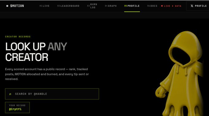 A dark-themed webpage for a platform called '$MOTION' featuring a profile search interface with the heading 'LOOK UP ANY CREATOR' and a 3D-rendered yellow hooded figure on the right side.