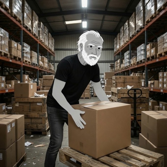 A surreal image of an older man with white hair, beard, and glasses wearing a black shirt, lifting a cardboard box in a warehouse filled with shelving and boxes.