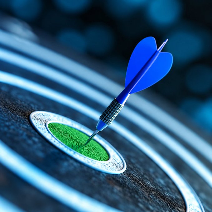 A blue dart hits the bullseye of a green target against a glowing blue striped backdrop, visually embodying the post's message of zeroing in on a signal and striking an opportunity with precision.