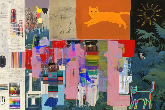 A colorful, eclectic digital collage artwork featuring various elements including a yellow cat, sun, dog illustrations, tropical plants, color swatches, and abstract pink shapes.