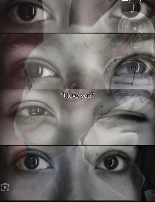 A surreal, glitch-art style collage of human eyes and faces overlaid with a clock, featuring the text 'I love you.' in the center.