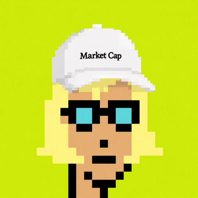 Pixel art of a blonde character wearing sunglasses and a white cap labeled 'Market Cap' against a bright green background.