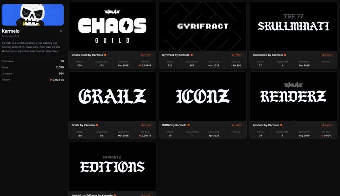 A screenshot of a user profile named 'Karmelo' displaying various graffiti art collections with titles like 'CHAOS GUILD', 'GYRIFRACT', 'SKULLMINATI', 'GRAILZ', 'ICONZ', and 'RENDERZ'.