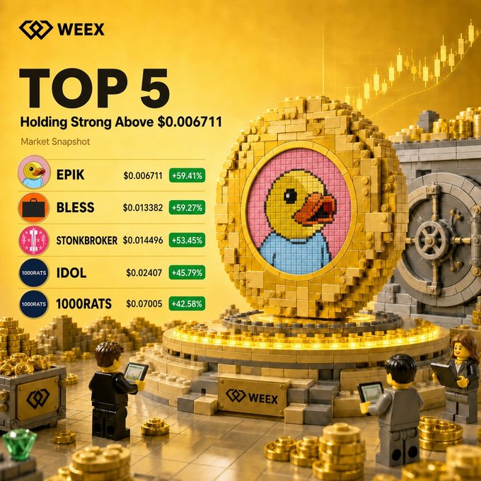 A WEEX market snapshot infographic displaying the "TOP 5 Holding Strong Above $0.006711," featuring $EPIK ($0.006711, +59.41%), $BLESS ($0.013382, +59.27%), $STONKBROKER ($0.014496, +53.45%), $IDOL ($0.02407, +45.79%), and $1000RATS ($0.07005, +42.58%), accompanied by a large golden coin featuring a pixelated duck and Lego-style figures examining the top gainers.