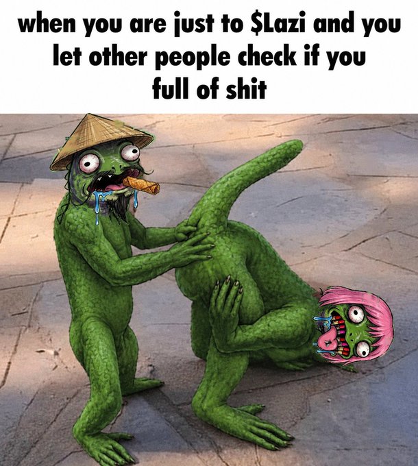 A surreal meme image with the text 'when you are just to $lazi and you let other people check if you full of shit', depicting green alien-like creatures in an absurd scenario with one wearing a conical hat and the other a pink head covering.