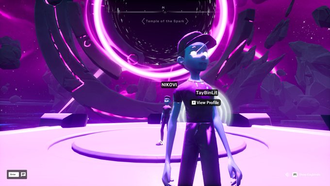 A character named "TayBinLit" with the tag "NIKOVI" stands in front of a glowing portal labeled "Temple of the Spark" in Otherside, reflecting the post's mention of waking up after enjoying time in the Otherside Regenerates virtual world.