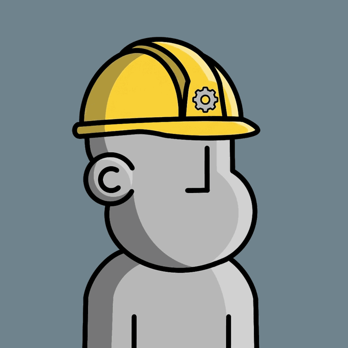 The image features a cartoon depiction of a construction worker wearing a yellow hard hat. The worker's face is prominently displayed against a blue background, making him the central focus of the image. The caption below the image reads "I had to scoop this construction worker @npconchain for my buddy @nyccarp608 he' s a legend to us in the @badbadwtf community , builds with his hands, a loving father and husband and a great asset to our community!".