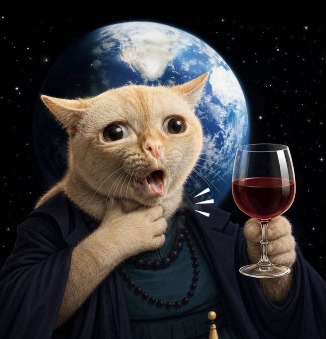 A surreal image features a wide-eyed orange cat with an open mouth, wearing a dark robe and beaded necklace, holding a glass of red wine against a backdrop of Earth in space.