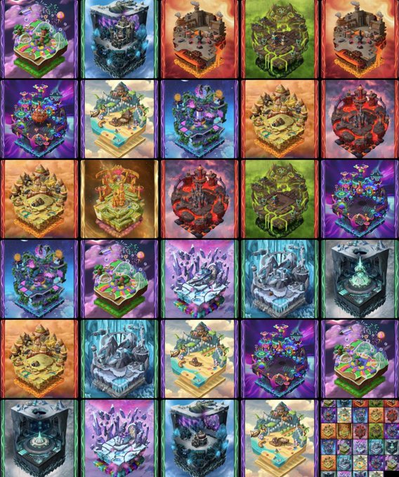 A grid displays 29 colorful isometric floating island NFT collectibles, each featuring distinct themed environments ranging from volcanic and desert landscapes to icy, magical, and cosmic settings, with a smaller reference chart in the bottom right corner showing all 29 designs in miniature. The image directly illustrates the post's promotion of a bundled NFT collection of 29 Origins items available for under $30.