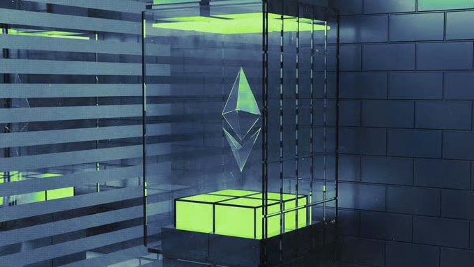 A 3D render of a futuristic room with tiled walls, featuring a glowing yellow-green block displaying the Ethereum logo inside a glass case.