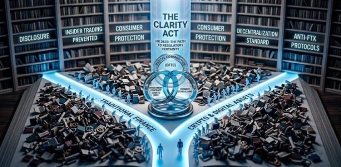 The image depicts an open book resembling a legal tome, with "THE CLARITY ACT" displayed prominently at the top center alongside a gavel. The pages are divided into sections labeled "TRADITIONAL FINANCE" on the left and "CRYPTO & DIGITAL ASSETS" on the right, surrounded by crowds of tiny figures and pillars inscribed with terms like "DISCLOSURE," "INSIDER TRADING PREVENTED," "CONSUMER PROTECTION," "DECENTRALIZATION STANDARD," and "ANTI-FTX PROTOCOLS." The visualization illustrates the post's message about the Clarity Act bridging traditional finance and crypto, emphasizing that legacy banks are resisting inevitable regulatory clarity that would end their era of blocking crypto's progress.
