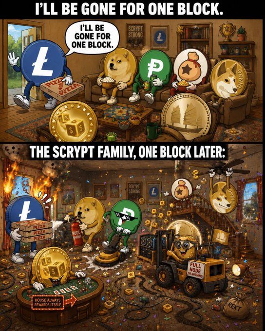 The image is a two-panel meme featuring cryptocurrency mascots (Litecoin/L, Dogecoin, Pionex/Pepecoin) in a family living room, where the first panel shows calm pizza-and-movie time with the caption "I'LL BE GONE FOR ONE BLOCK," and the second panel reveals chaos one block later with the Doge character on a forklift, fires, scattered coins, and a "FULL NODE IN PROGRESS" sign — humorously illustrating the post's point about merged mining's symbiotic efficiency, where one block of work secures multiple chains (LTC/DOGE) while adding $PEP rewards without extra effort.
