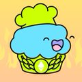 A cute cartoon cupcake character with green leafy topping, blue frosting, and a happy open-mouthed smile on a pink background.