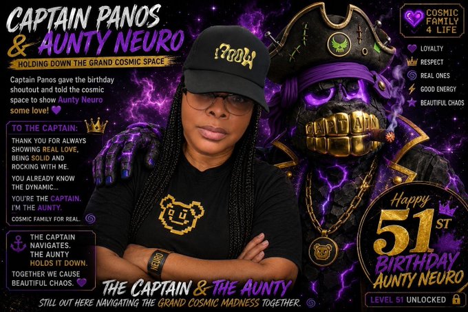 A digital birthday graphic celebrates "Captain Panos & Aunty Neuro" with a pirate skull graphic, a photo of a woman in a black cap, and text reading "Happy 51st Birthday Aunty Neuro" and "LEVEL 51 UNLOCKED".
