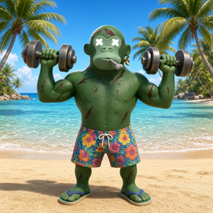 A muscular green monkey figure with X-shaped eyes lifting dumbbells on a tropical beach, wearing floral swim trunks and flip-flops.