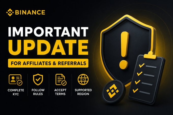 The image features a poster with a shield design at its center, surrounded by various icons representing different aspects of the Binance Affiliates & Referrals Program. The main focus of the poster is an important update that has been made for this program. It reads " Important Update for Binance Affiliates and Referrals". This update aims to improve security measures, follow global regulations, and ensure a fair process for all participants in the program.